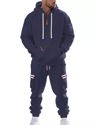 Men's Casual Half-zip Hoodie And Cargo Pants Set in Navy Blue, front view