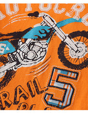 Toddler orange graphic tee with motorcycle and number 5 applique, cotton.