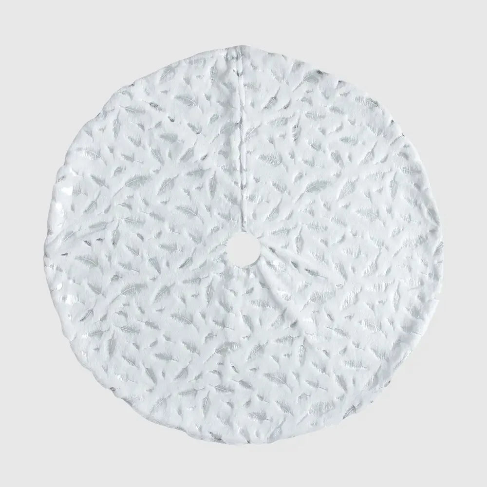 White Christmas tree skirt with silver feather pattern