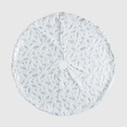White Christmas tree skirt with silver feather pattern