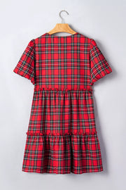 Plaid Knot Neck Short Sleeve Mini Dress in Burgundy, back view