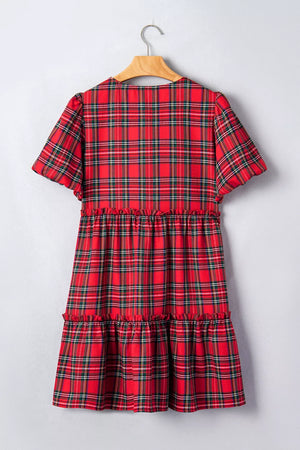 Plaid Knot Neck Short Sleeve Mini Dress in Burgundy, back view