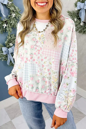 Twisted Ribbed Trim Floral Print Sweatshirt in Blush Pink, close-up detail