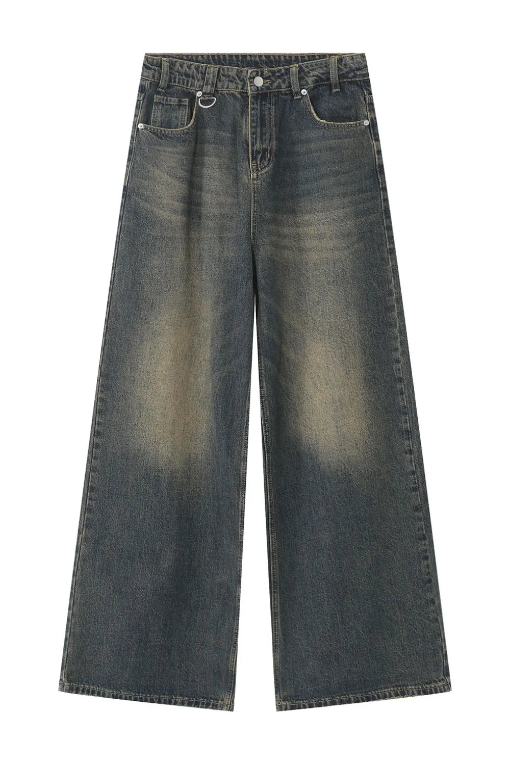 Faded wash palazzo denim trousers in dark blue with a wide leg and distressed details.