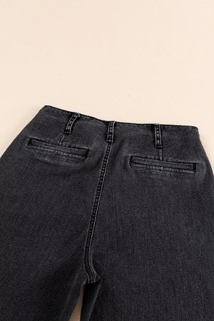Dark wash denim wide-leg jeans with button-fly and back pockets.