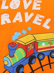 Orange cotton t-shirt with playful train graphic and "LOVE TRAVEL" text.