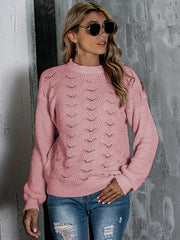 Blush pink openwork knit crew neck pullover sweater with balloon sleeves.