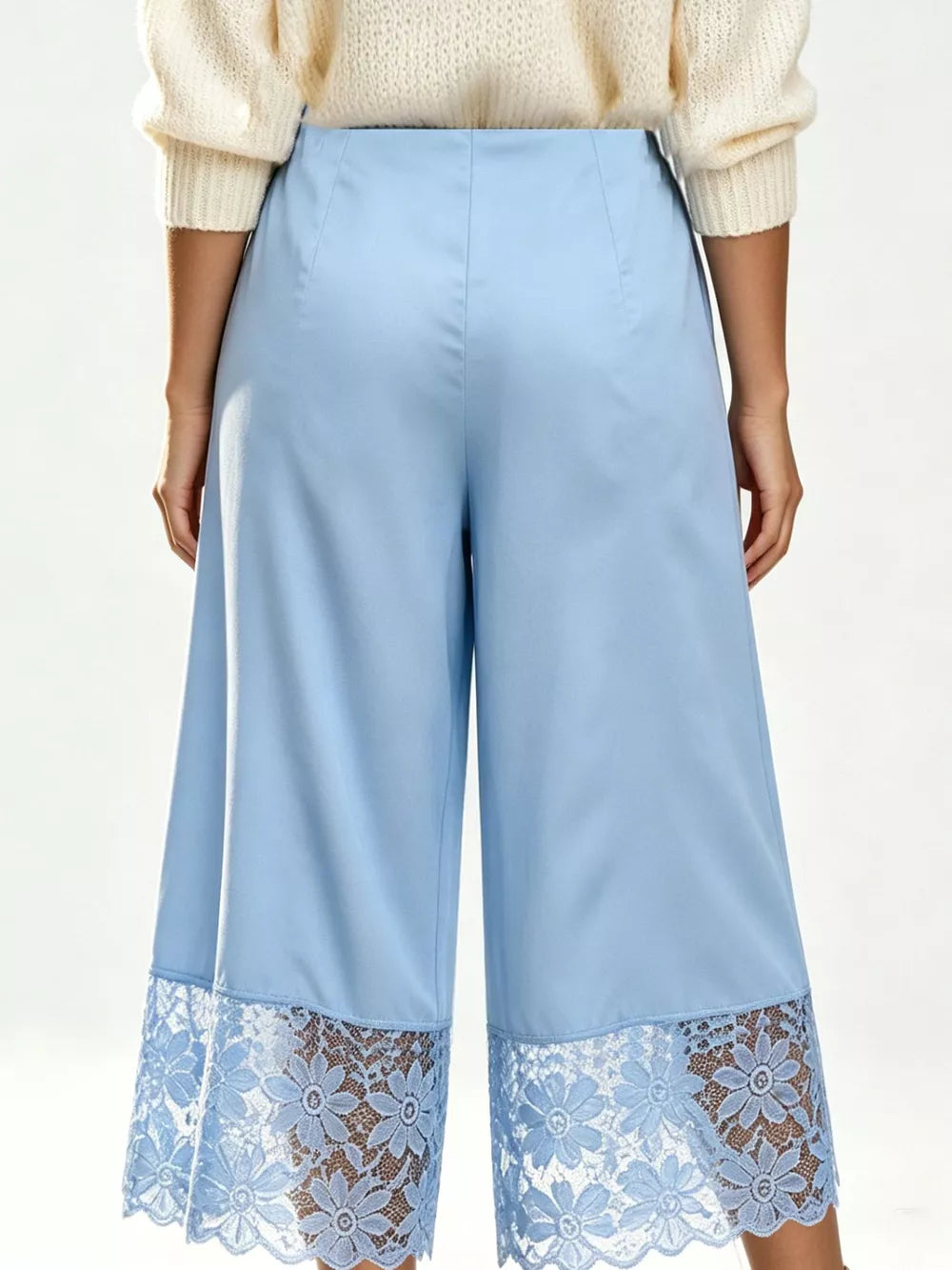 Lace Trim Wide-leg Cropped Pants in White, back view