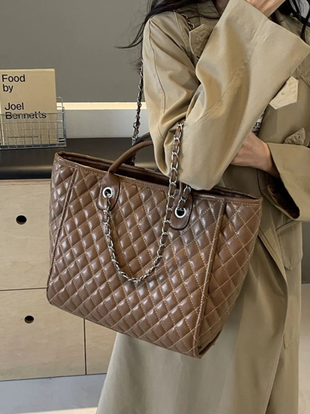 Quilted Chain Shoulder Bag in Brown, close-up detail