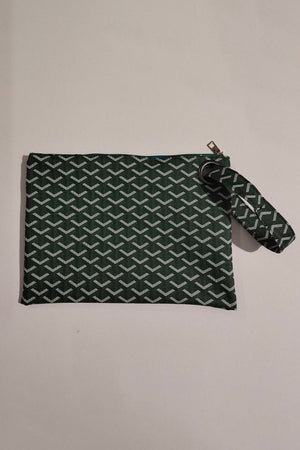 Army green clutch bag with geometric pattern and wrist strap