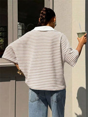 Striped Knit 3/4 Sleeve Polo Top in Brown, view 12