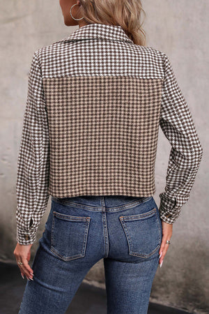 Houndstooth patchwork cropped jacket in camel with collared neckline and button cuffs.