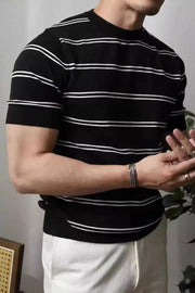 Black ribbed stripe t-shirt with contrast trim and short sleeves.