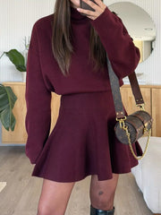 Burgundy turtleneck sweater and flared mini skirt set, casual knit outfit for women
