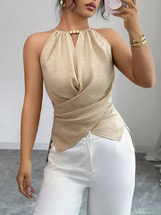 Apricot gathered neck crisscross wrap cami with beaded detail and V-neck.