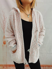 Speckled knit relaxed zip-up hoodie in Blush Pink with a silver zipper and drawstring hood.