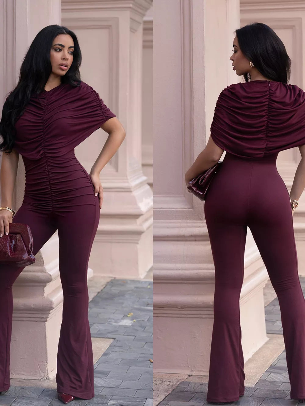 Burgundy ruched romper with cap sleeves and flared legs
