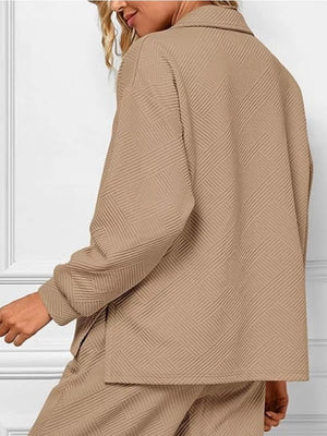 Khaki V-neck textured two-piece lounge set with diagonal pattern