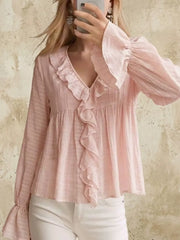 Ruffled V-neck Flounce Sleeve Blouse in Off-white, close-up detail