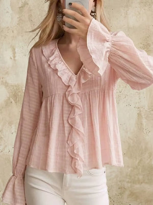 Ruffled V-neck Flounce Sleeve Blouse in Off-white, close-up detail