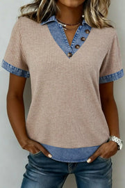 Ribbed knit tunic top in beige with a denim collar and short sleeves, featuring button details.