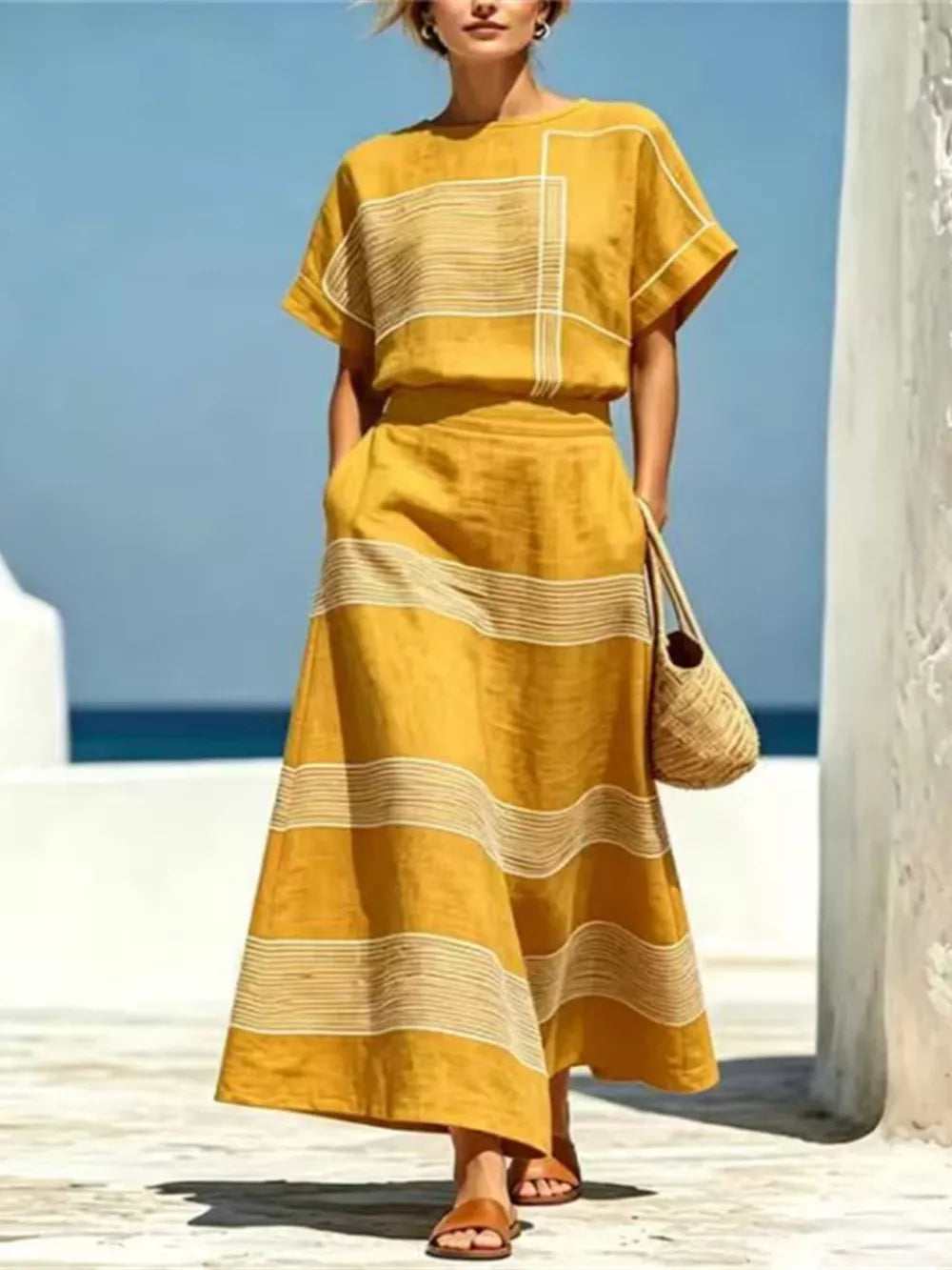Full Size Striped Round Neck Top And Skirt Set, front view