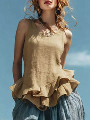 Khaki ruffled hem sleeveless tank top with a scoop neck.