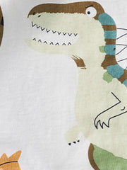 Toddler crew-neck t-shirt with a playful dinosaur print in green, brown, and blue on white cotton.