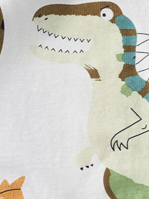 Toddler crew-neck t-shirt with a playful dinosaur print in green, brown, and blue on white cotton.