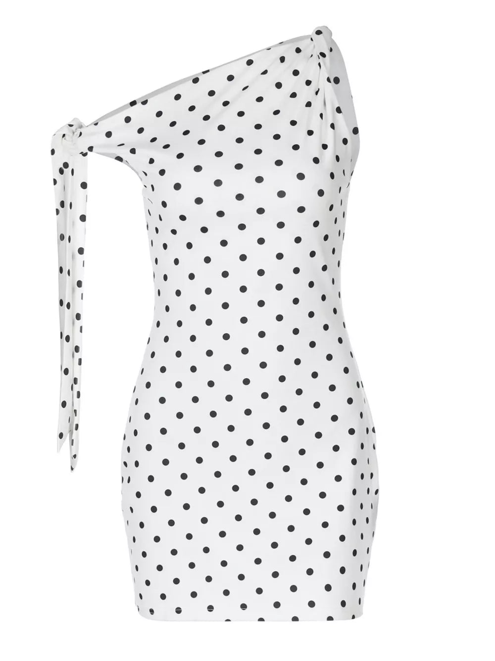 White polka dot mini dress with asymmetrical one-shoulder and bow detail