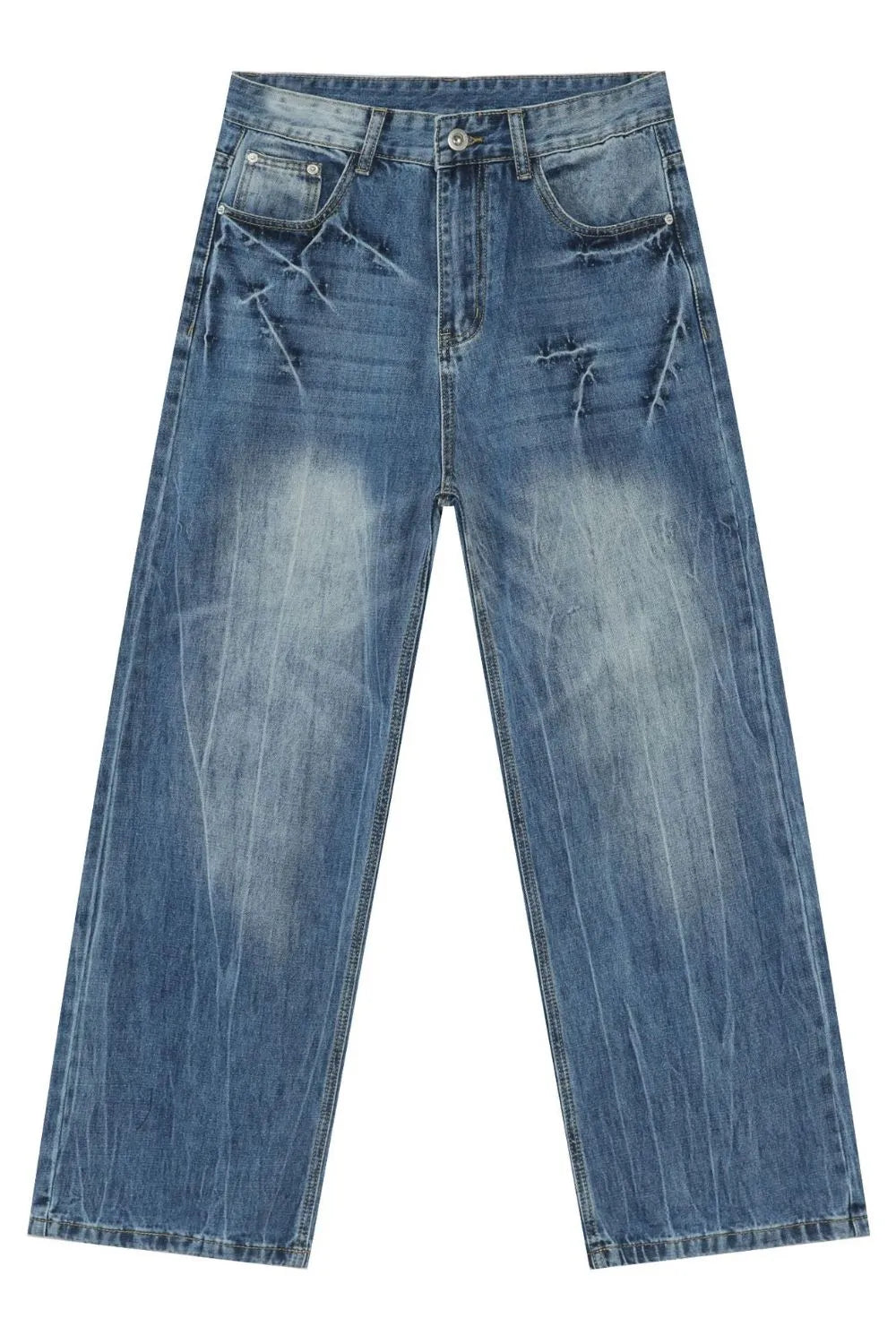 Wide-leg distressed denim jeans in vintage wash medium blue with faded details.