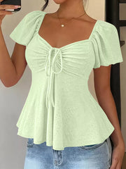 Ruched Flutter Sleeve Peplum Top in Yellow, alternate angle