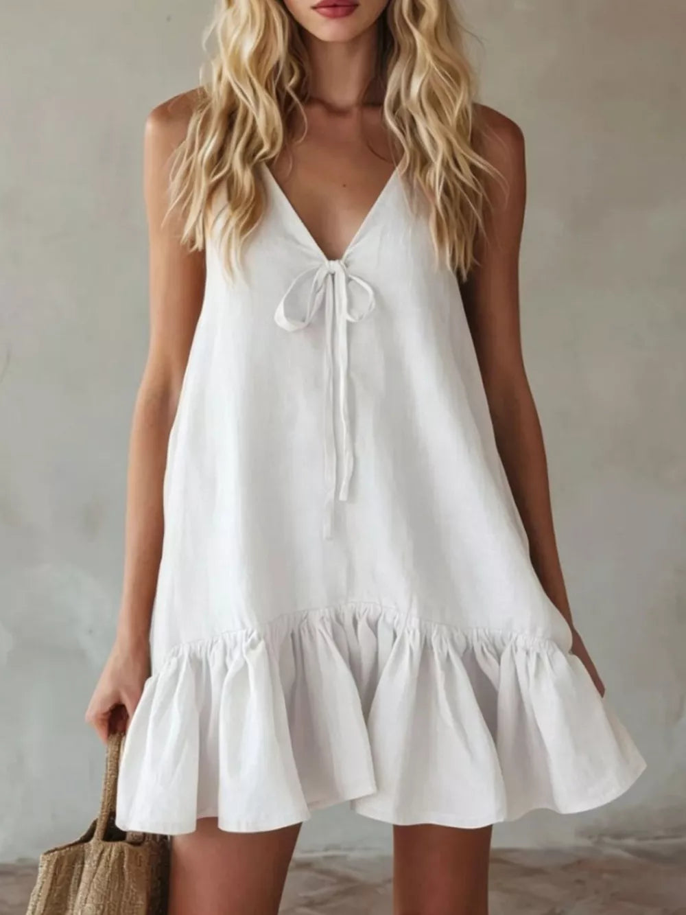 White tie-front mini dress with ruffle hem and V-neckline.