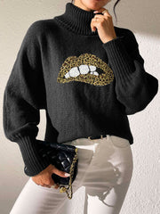 Black turtleneck sweater with sequin lip detail and balloon sleeves