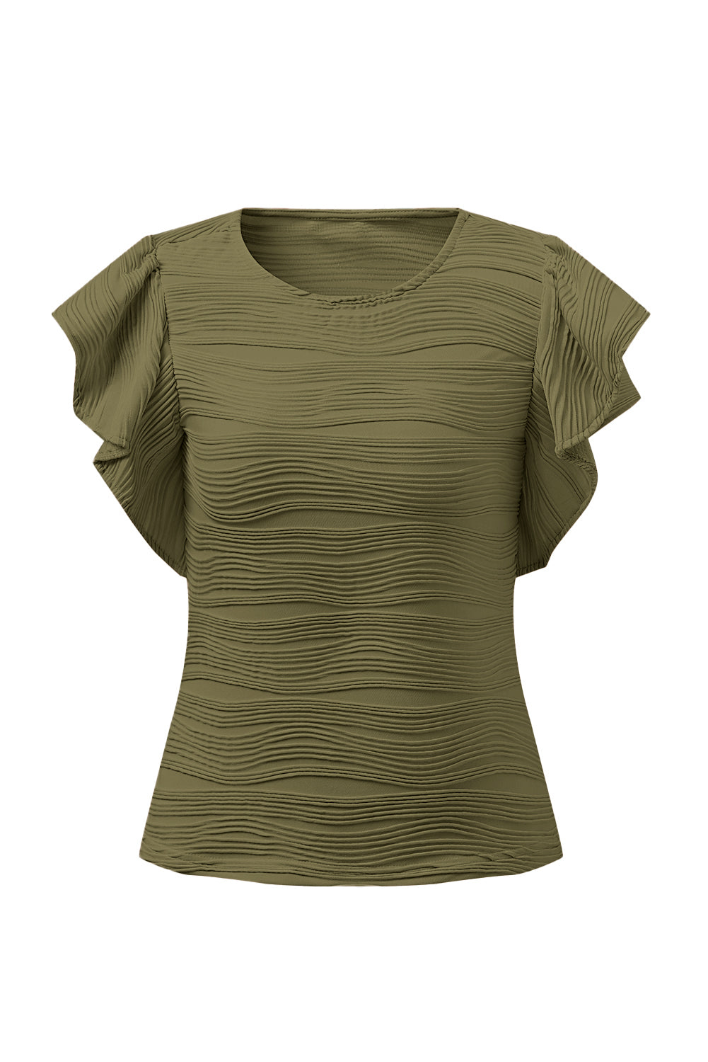 Moss green textured bodysuit with ruffle cap sleeves and round neckline.