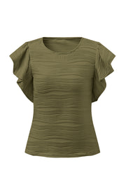 Moss green textured bodysuit with ruffle cap sleeves and round neckline.