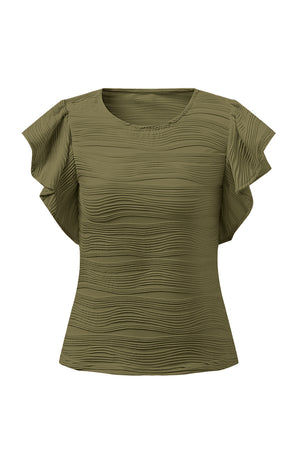 Moss green textured bodysuit with ruffle cap sleeves and round neckline.