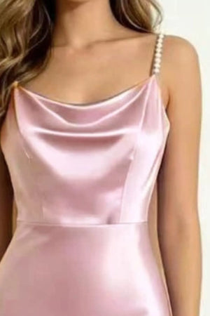 Blush pink satin cowl neck maxi dress with pearl-embellished straps.