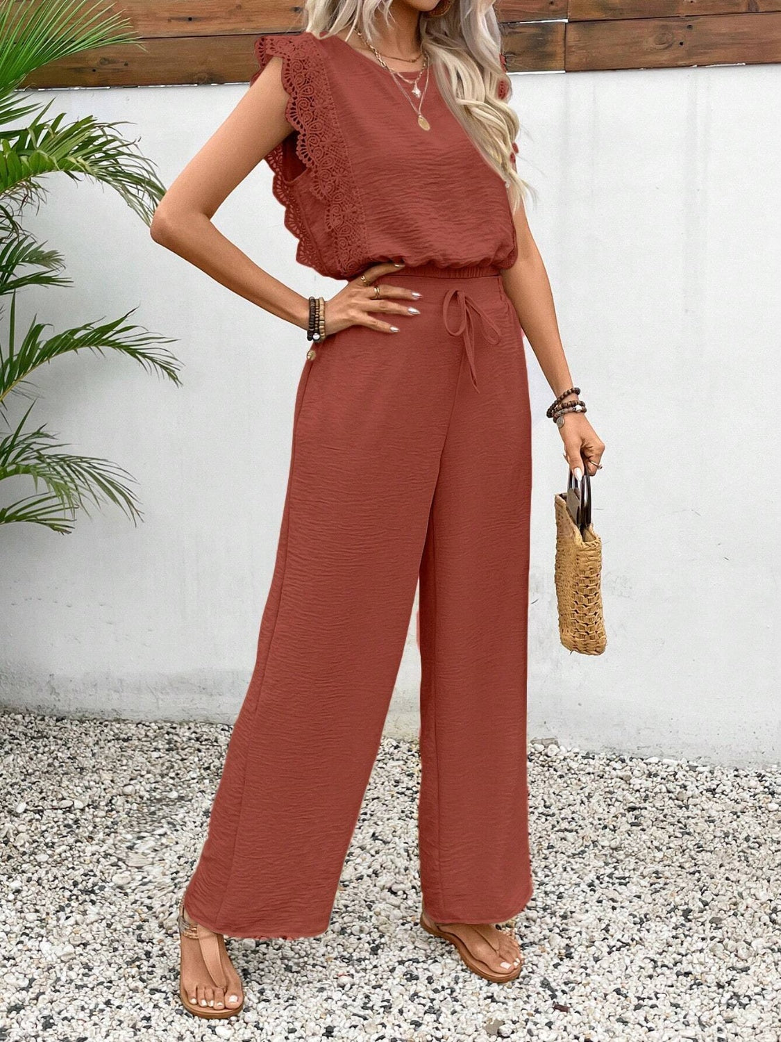 Terracotta textured ruffle sleeve drawstring jumpsuit with wide leg pants