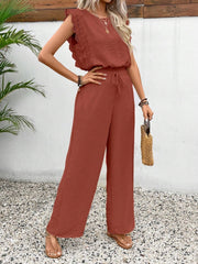 Terracotta textured ruffle sleeve drawstring jumpsuit with wide leg pants