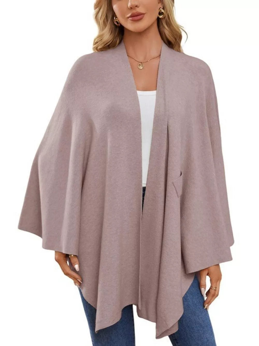 Tie-front knit cape top in blush pink with draped elegance and a pocket.
