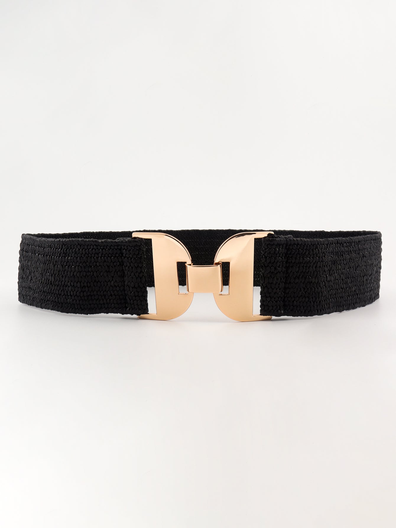 Black textured raffia belt with gold-tone double buckle detail