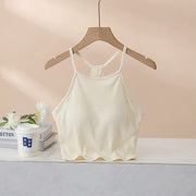 Cream ribbed racerback crop top with thin straps and scalloped hem