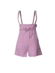 Dusty Pink high-waisted drawstring suspender shorts with tie waist and pockets.
