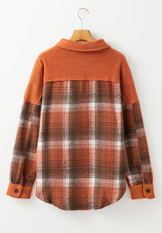 Colorblock plaid shacket in terracotta with contrast cuffs and collar, button front, long sleeves.
