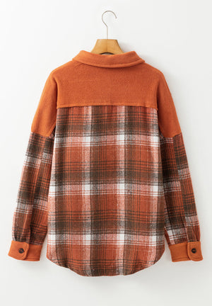 Colorblock plaid shacket in terracotta with contrast cuffs and collar, button front, long sleeves.