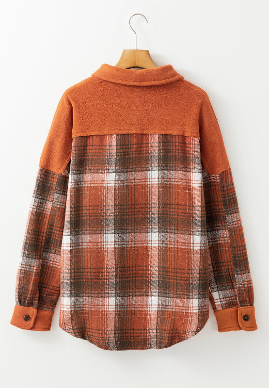 Colorblock plaid shacket in terracotta with contrast cuffs and collar, button front, long sleeves.