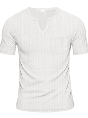 White textured notch neck t-shirt with short sleeves and a chest pocket.