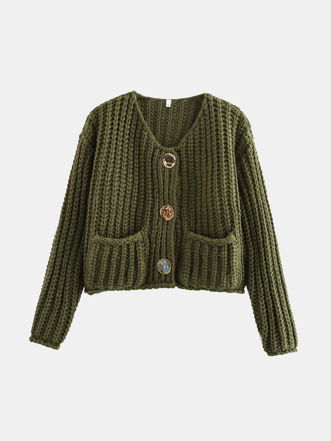 Army green chunky knit cardigan with statement buttons and pockets