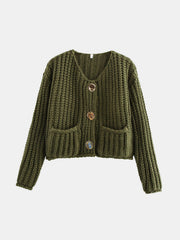 Army green chunky knit cardigan with statement buttons and pockets